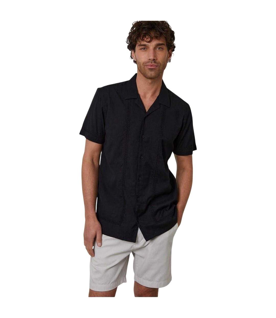 Mens Embroidered Collared Short-sleeved Bowling Shirt Black Threadbare-2