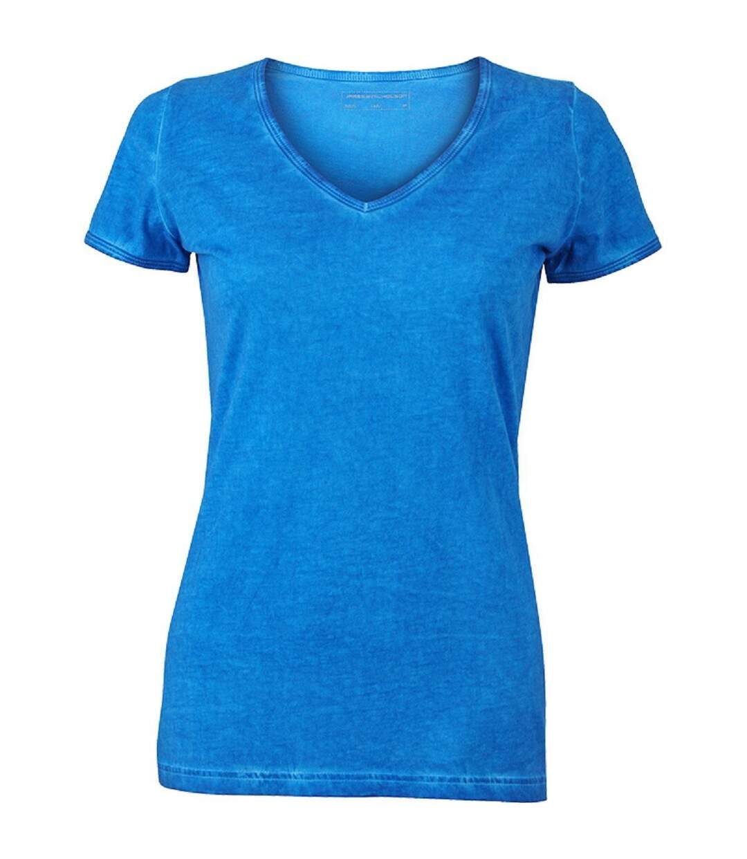 T-shirt style bohémien col V femme JN975 - bleu atlantique