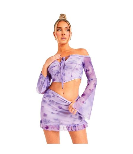 Womens/ladies Mesh Off Shoulder Crop Top Purple Missy Empire