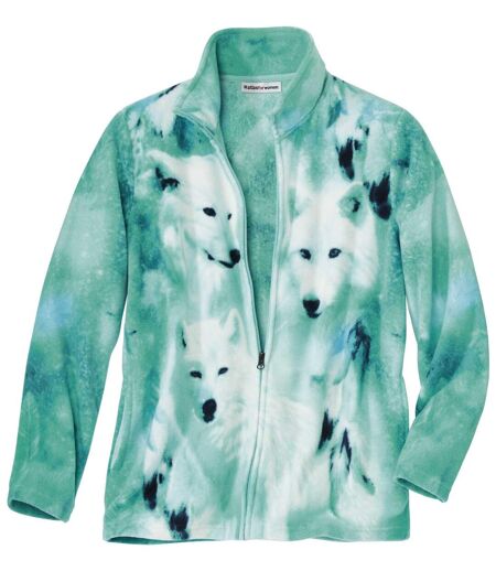 Women's Green Wolf Print Fleece Jacket