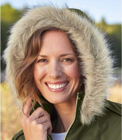 Women's Khaki Multipocket Parka - Faux Fur Hood - Water Repellent