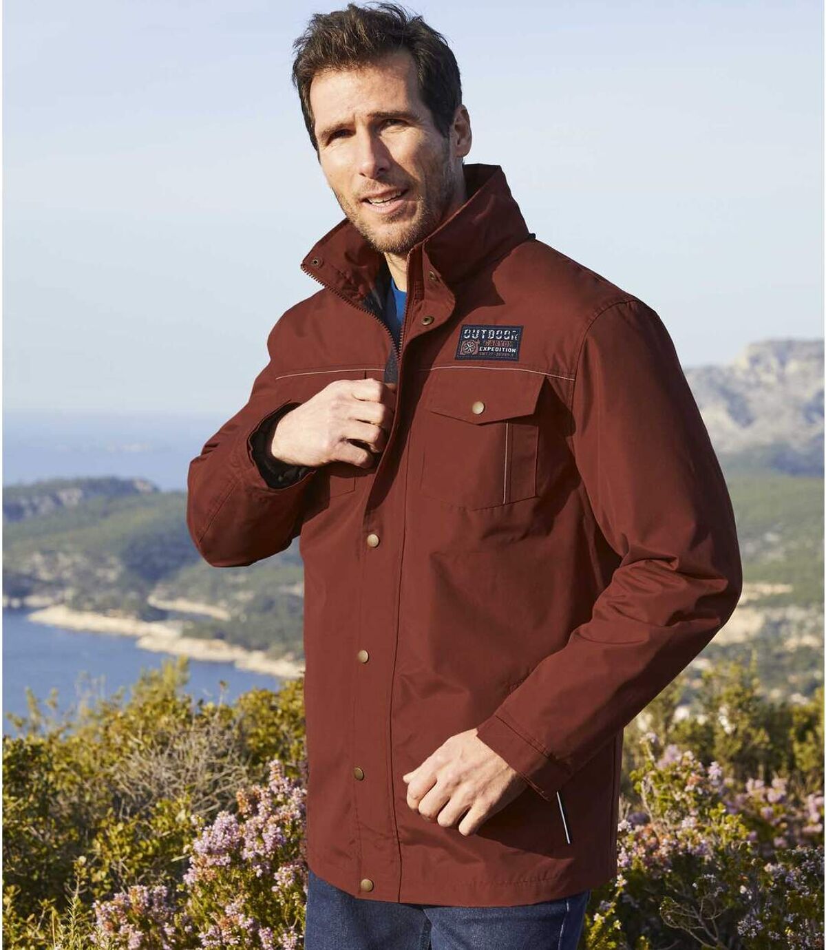 Men's Water-Repellent Multi-Pocket Parka - Foldaway Hood - Full Zip - Terracotta Atlas For Men