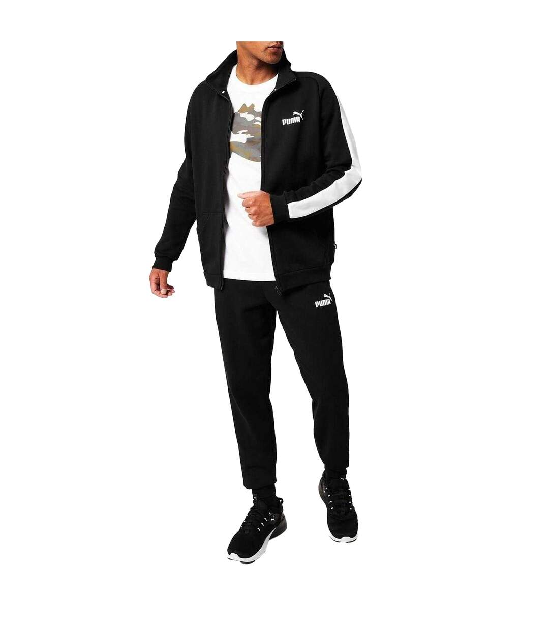 Mens Clean Fleece Tracksuit Set Black White Puma-1