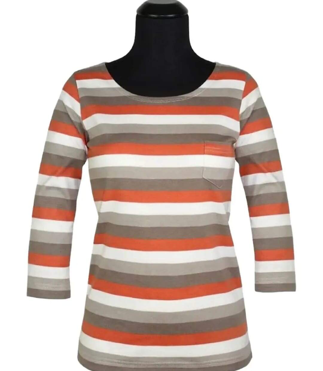 MAYFLOWER DIXIE1 - Tee-shirt manches 3/4 en coton rib : rayures crème, beige, taupe et orange-3