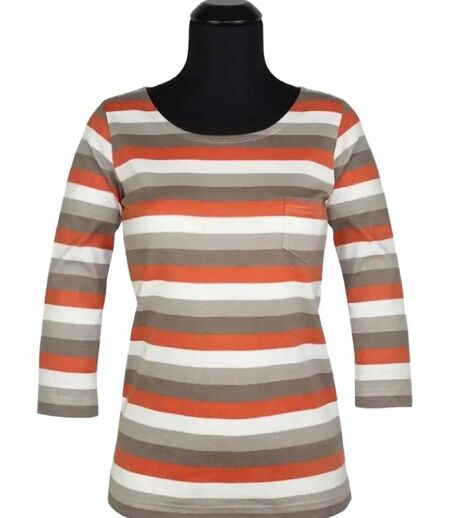 MAYFLOWER DIXIE1 - Tee-shirt manches 3/4 en coton rib : rayures crème, beige, taupe et orange