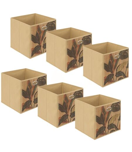 Lot de 6 Boîtes de rangement imprimé tropical en bambou et tissu Palawan - Marron et noir