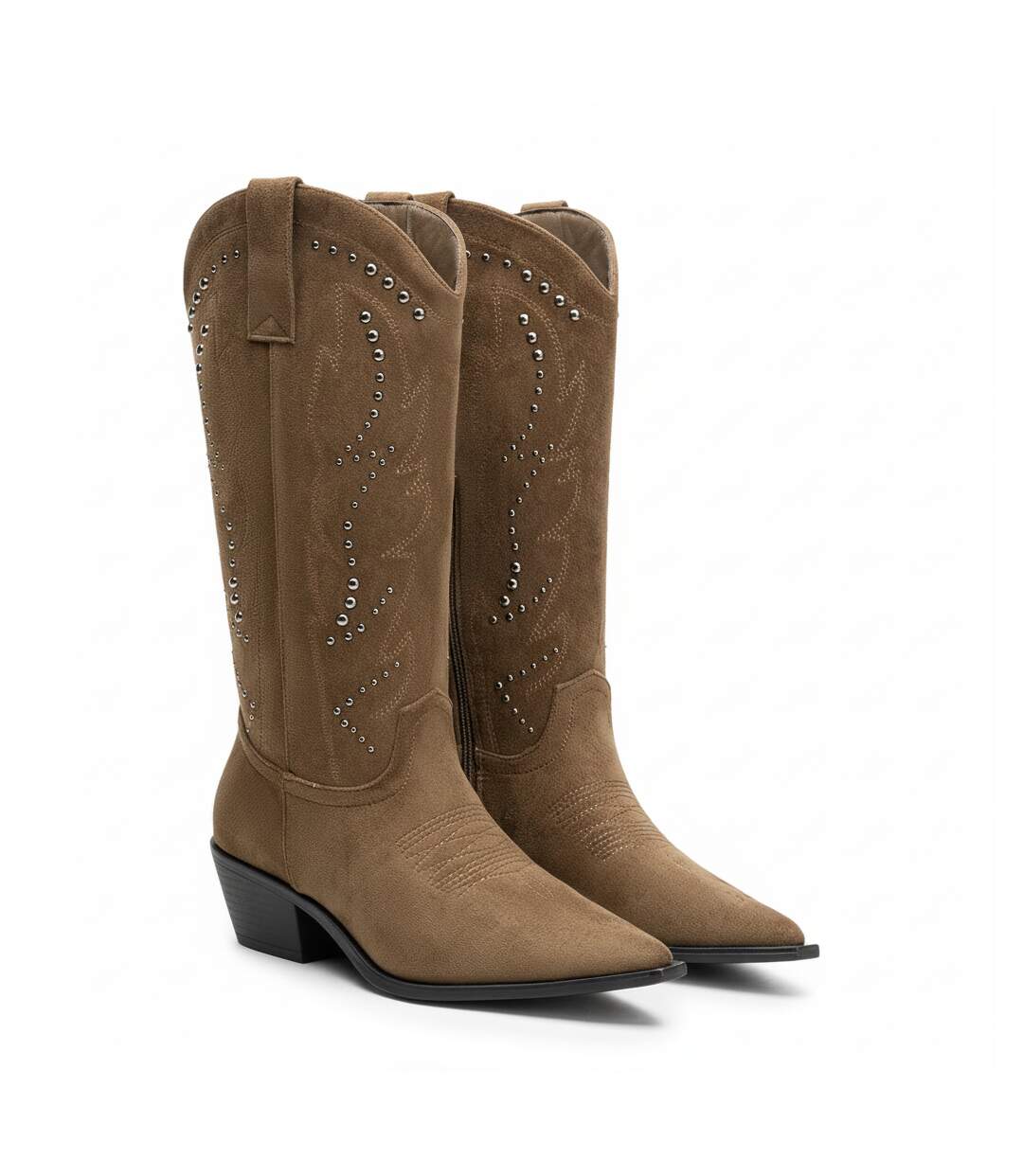 OZABI Bottes Santiag Femme Haute Tige Suédine Cloutée Talon Bloc 4 cm-3