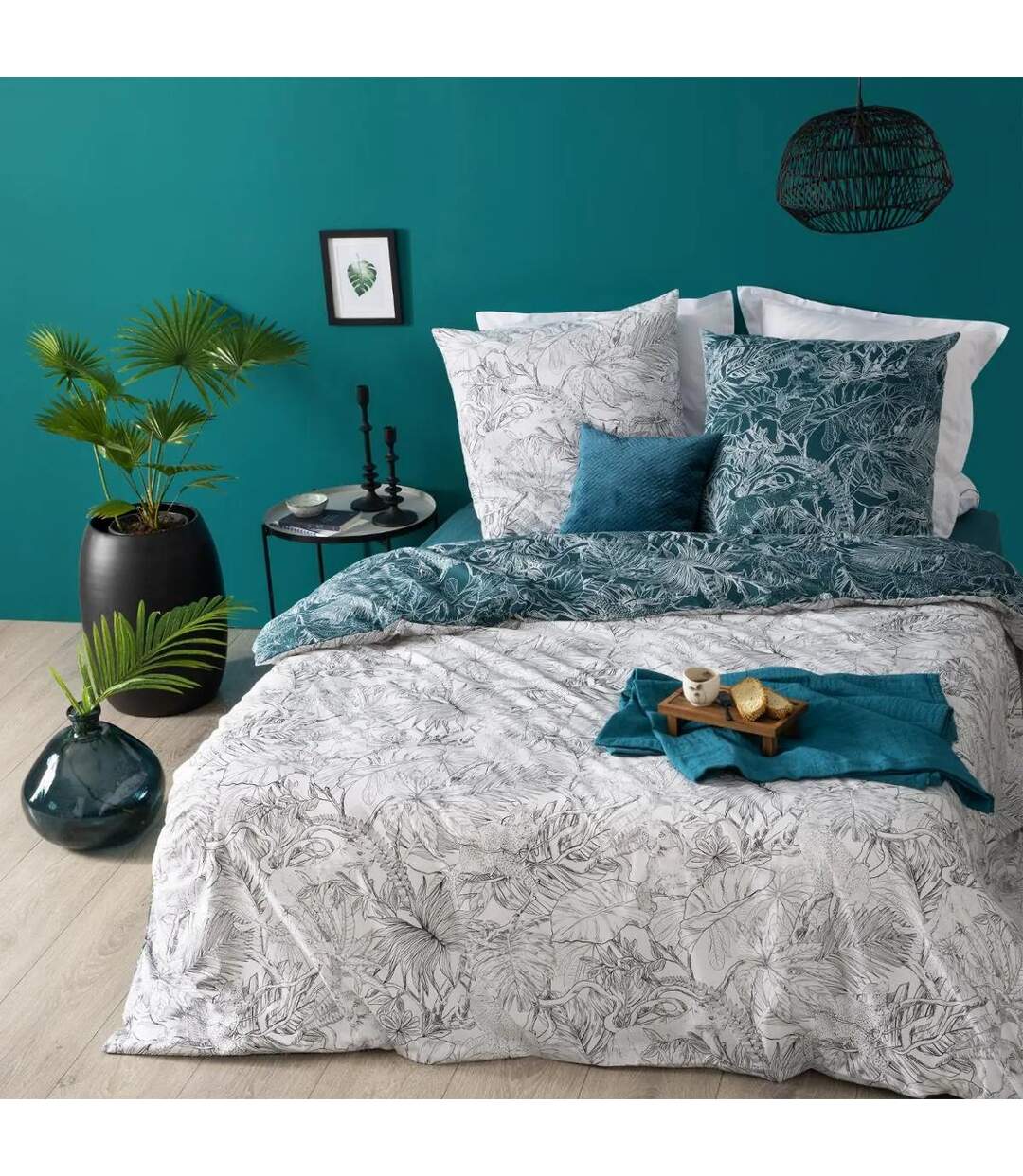 Parure de Lit 3 Pièces Jungle 260x240cm Blanc & Bleu-1