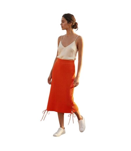 Womens/ladies Knitted Side Tie Slim Midi Skirt Coral Red Off White