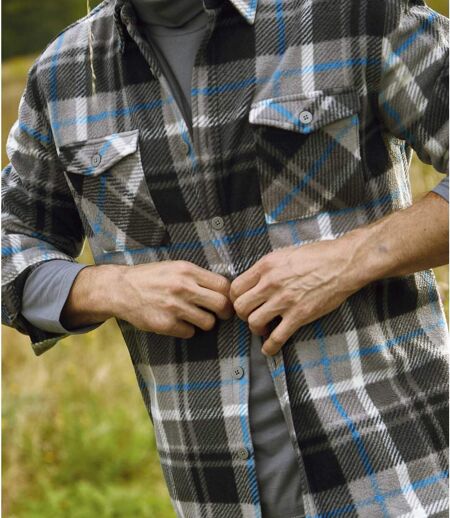 Men's Checked Fleece Overshirt - Blue Black Grey
