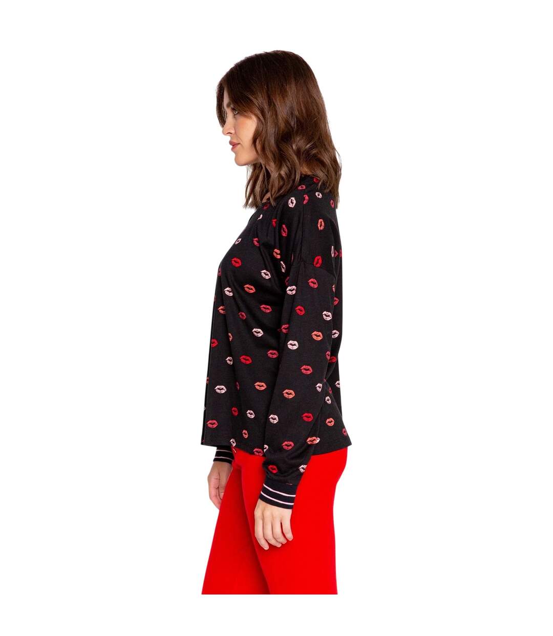 Womens/ladies Lippy Long-sleeved Pyjama Top Black Red Pink PJ Salvage-3