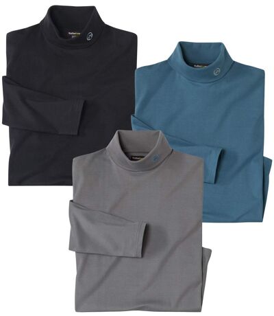 Pack of 3 Men's Turtleneck Tops - Black Blue Grey