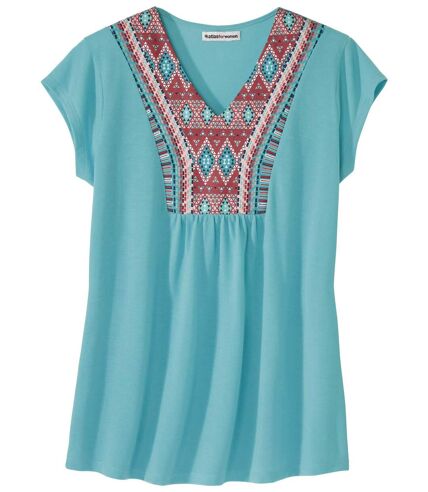 Women'sV-Neck T-Shirt with Patterned Neckline - Turquoise