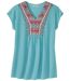 Women'sV-Neck T-Shirt with Patterned Neckline - Turquoise