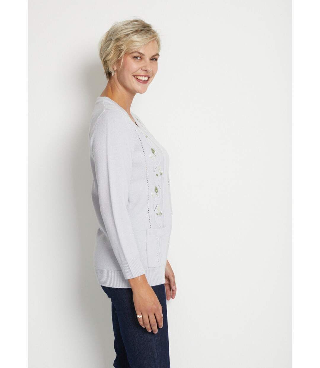 Gilet long boutonné brodé perlé col V-3