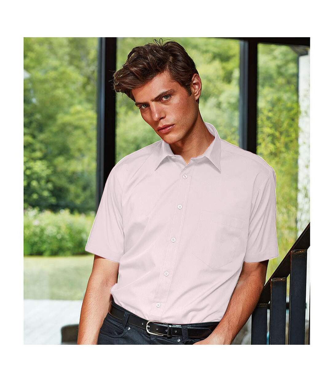 Mens short sleeve formal poplin plain work shirt pink Premier