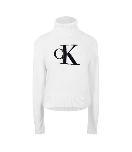 Womens/ladies Logo Organic Cotton Slim Turtleneck Brilliant White Calvin Klein