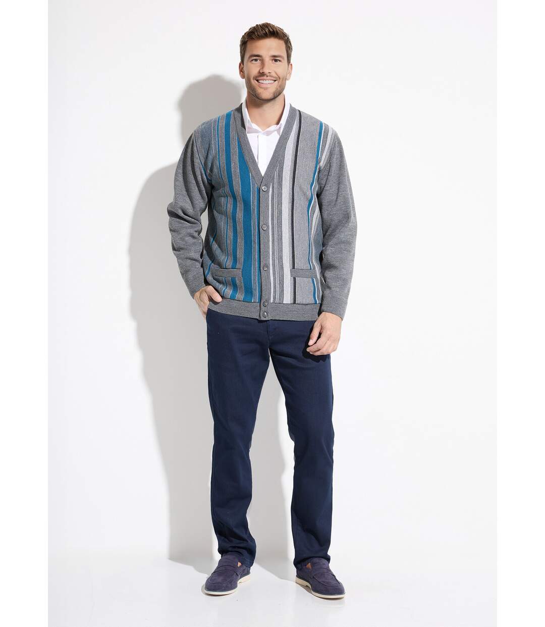 Gilet col V boutonné rayures jacquard laine-3
