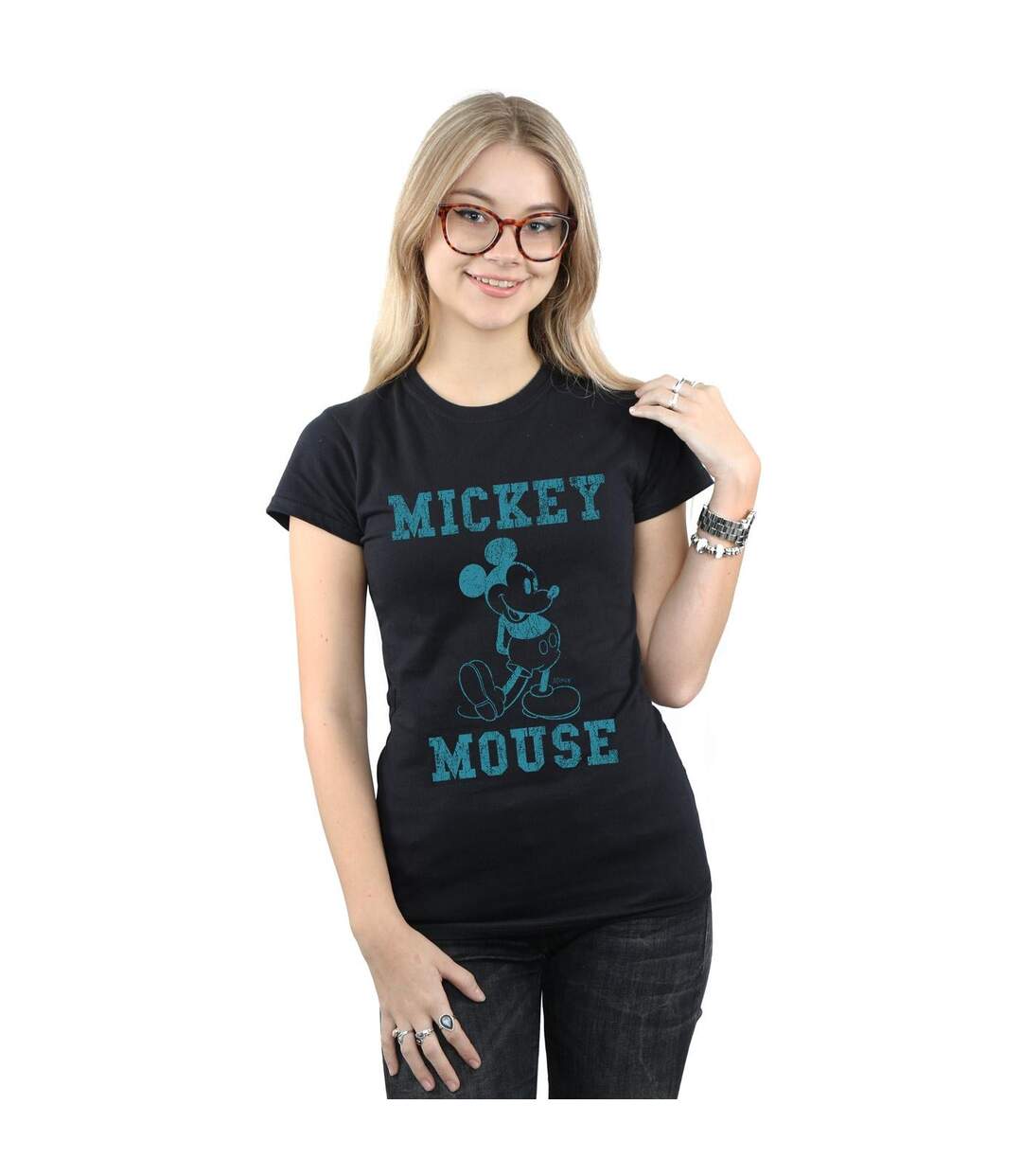 Disney Femmes/Ladies - Mickey Mouse Distressed Kick Mono Cotton T-Shirt (Noir) - UTBI31883-2