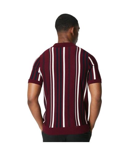 Mens vertical stripe knitted zip neck polo shirt burgundy Burton