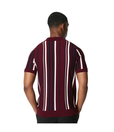 Mens vertical stripe knitted zip neck polo shirt burgundy Burton