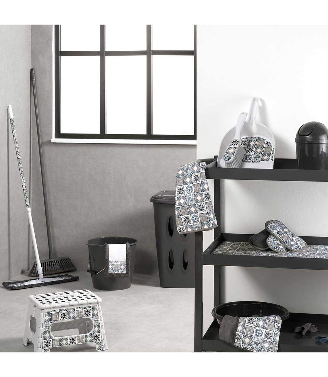 Torchon Carreaux de Ciment 40x40cm Bleu & Gris-2