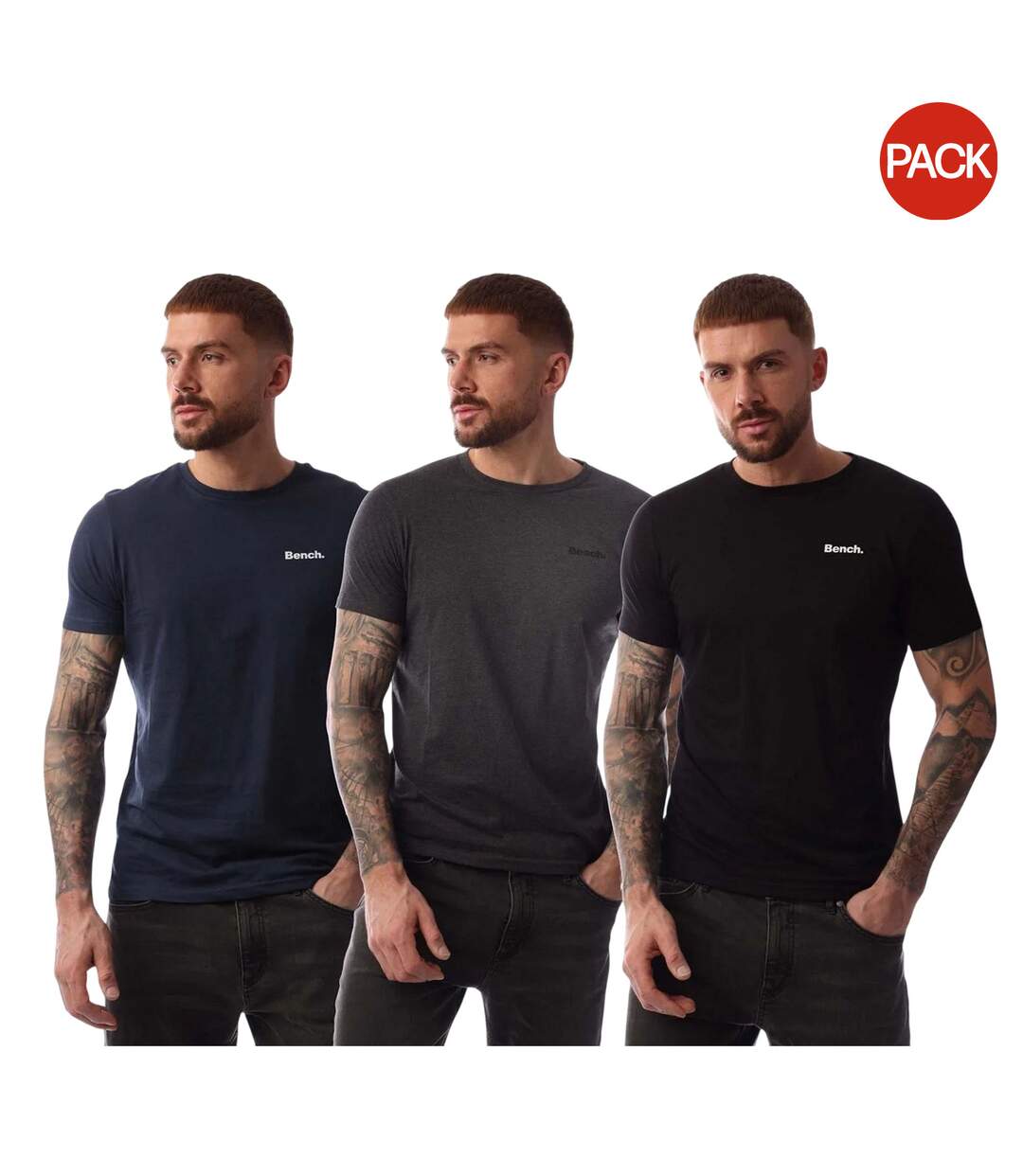 Lot De 3  T-shirts Motif/style Logo Homme Bleu Marine Gris Noir Bench-1