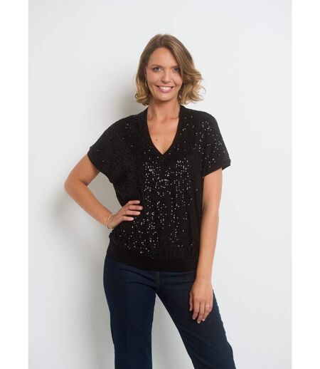 T-shirt col V en résille avec sequins