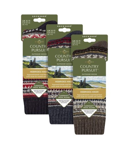 3 Pairs Mens Wool Blend Hiking Socks Cushioned Thermal Fairisle Boot Socks