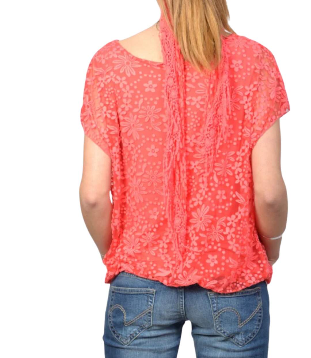 Tunique femme fuchsia en mousseline doublée col rond dentelle-2
