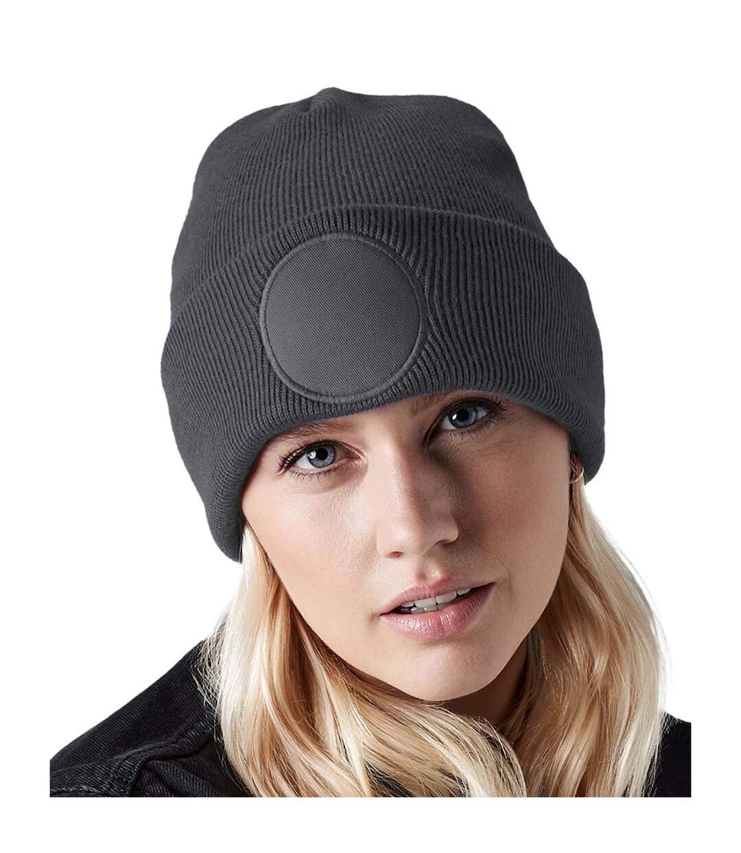 Circular Patch Beanie Graphite Grey Beechfield-2