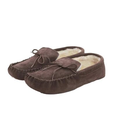 Unisex adult sheepskin lined hard sole moccasins dark brown Eastern Counties Leather