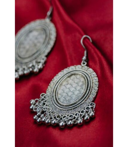 Silver Victorian Mirror Oval Dangle Oxidised Boho Ghungroo Drop Ethnic Earring