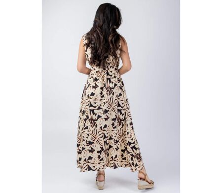 Robe coupe longue fendue IMANY imprimé ethnique noir et beige Coton Du Monde