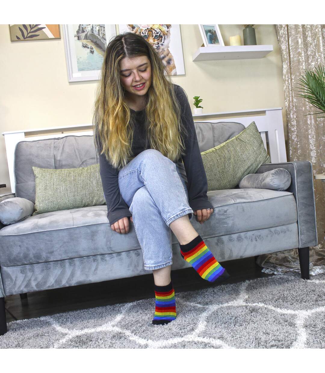 6 Pack Mens Ladies Rainbow Trainer Cotton Socks Bright Colourful Striped Socks-5