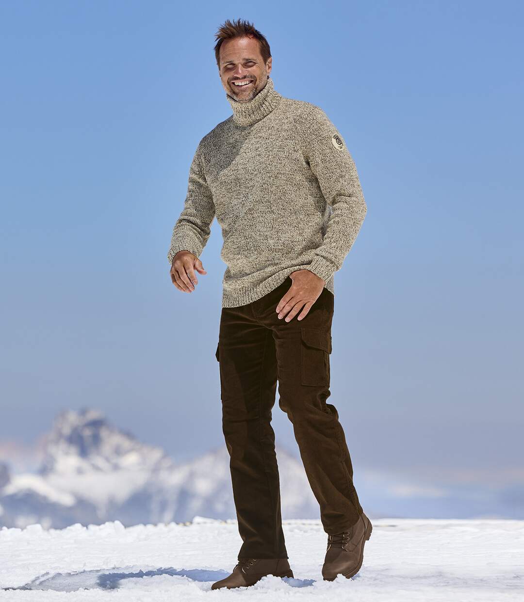 Men's Beige Marled Knit Roll-Neck Jumper-6