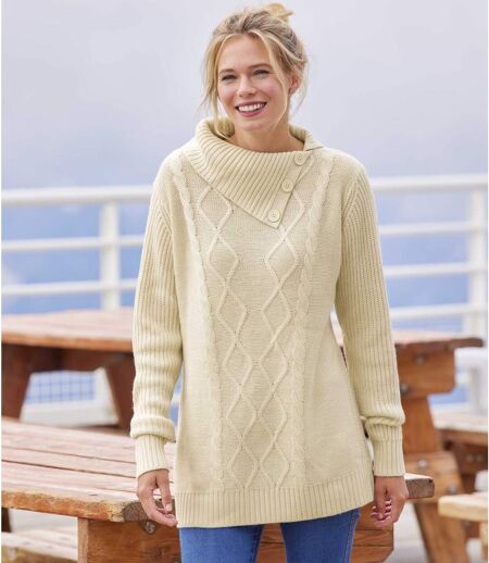 Women's Beige Button-Collar Sweater 