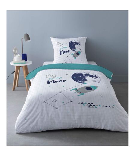 Parure de lit enfant design Captain Spacey - 100% Coton - 140 x 200 cm - Blanc