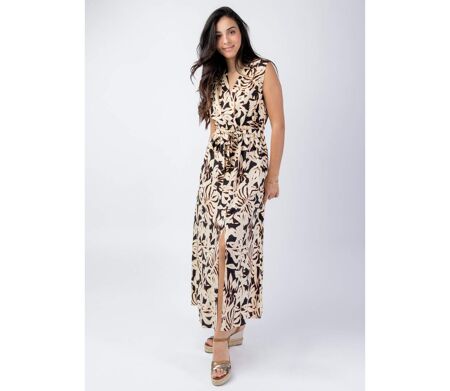 Robe coupe longue fendue IMANY imprimé ethnique noir et beige Coton Du Monde