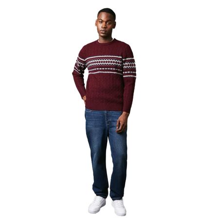 Mens fair isle cable knit crew neck jumper burgundy Maine