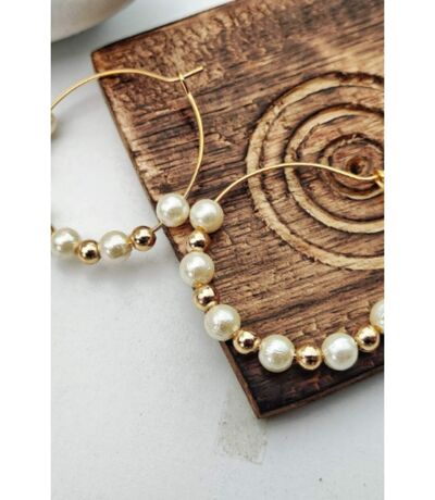 Gold White Beaded Dainty 30mm Bali Asian Indian Boho Hoop Earring