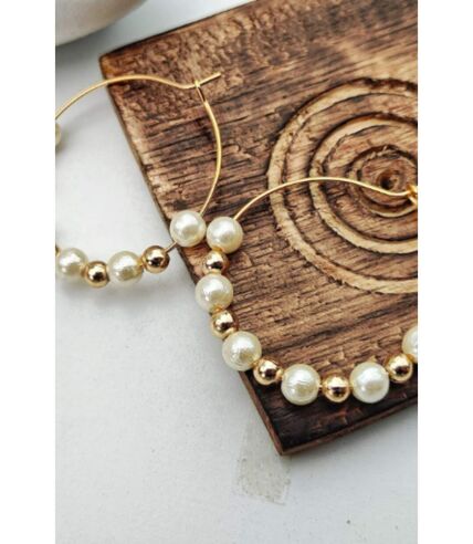 Gold White Beaded Dainty 30mm Bali Asian Indian Boho Hoop Earring