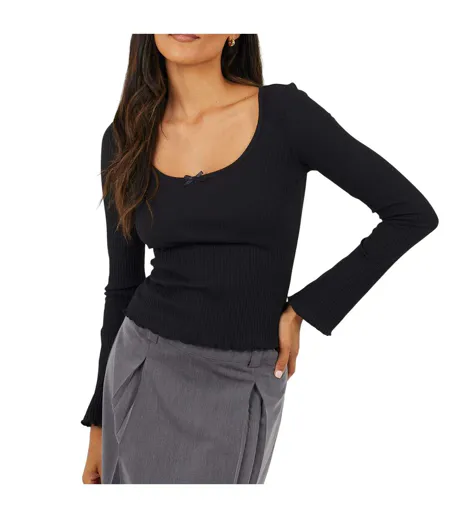 Haut Manches Longues Motif/style Côtelé Femme Noir Brave Soul