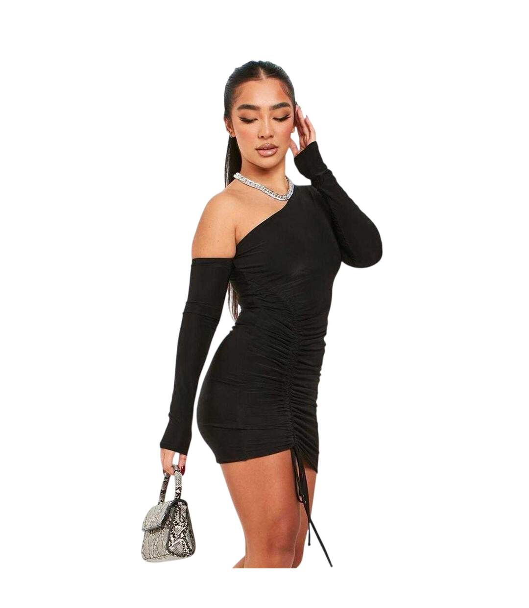 Robe Courte 1 Épaule Motif/style Superposé Femme Noir Missy Empire-2
