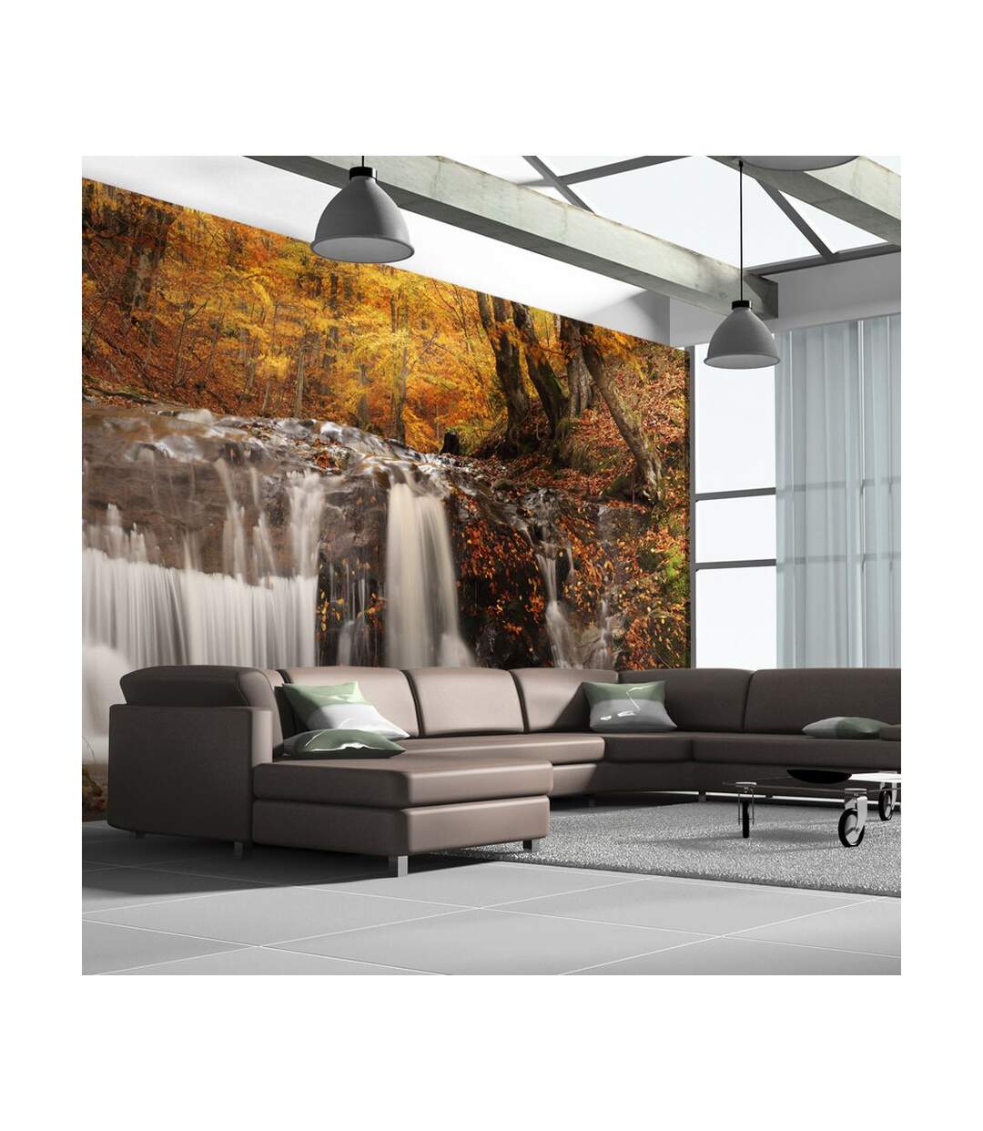Papier Peint XXL Autumn Landscape : Waterfall in Forest 270x550cm-1