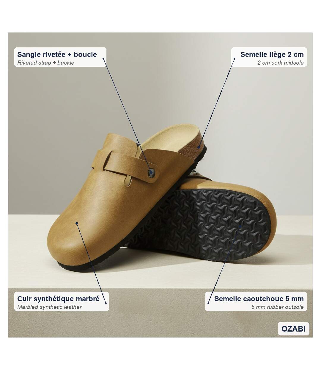 OZABI Sabots Homme Cuir Synthétique Boucle Ajustable Semelle Liège-4