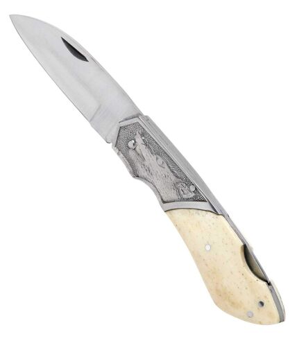 Nôž s motívom vlčej hlavy z kosti a opracovaného kovu