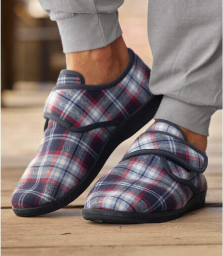 Men's Navy Checked Slippers - Sherpa Lining