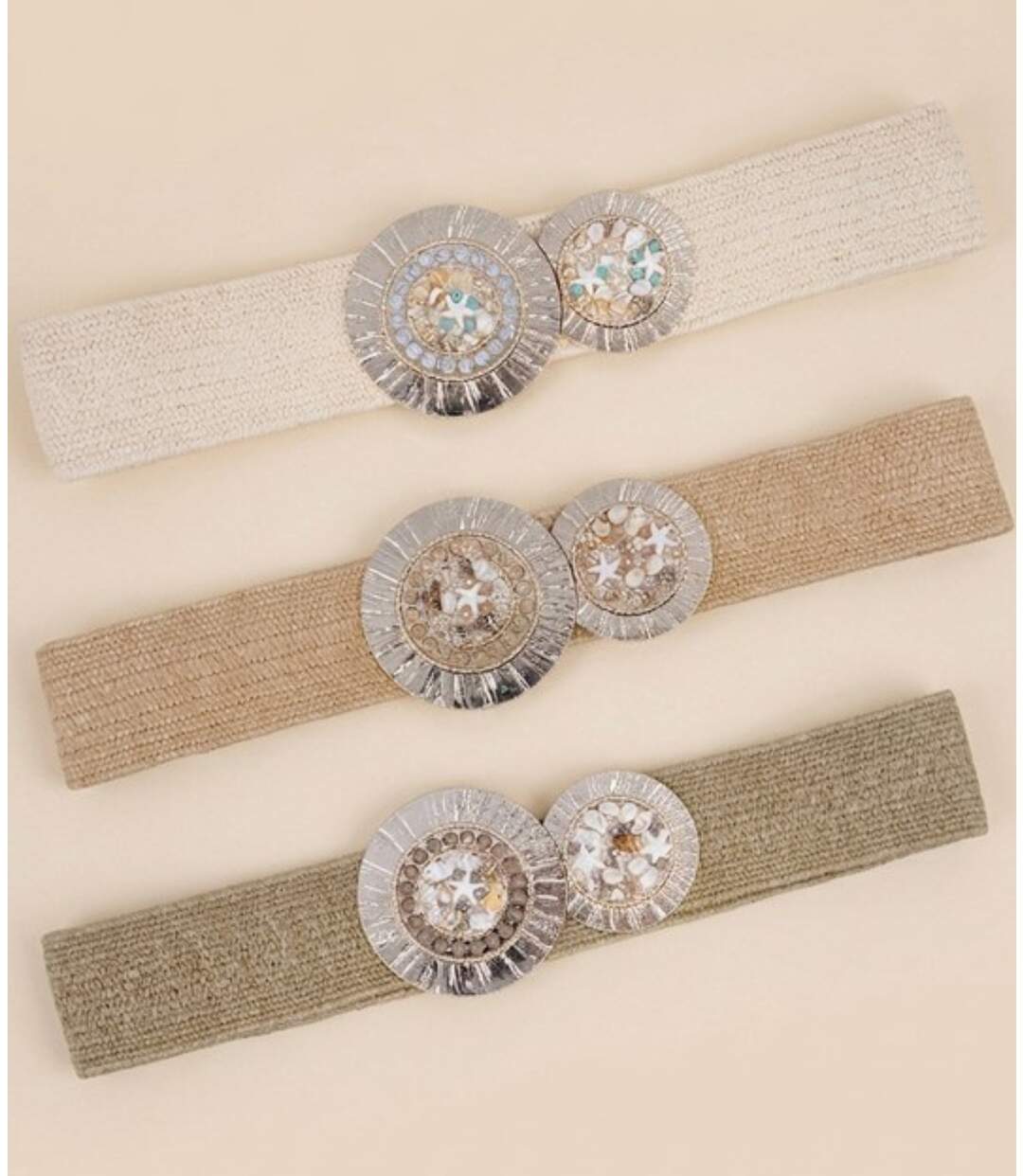 Ceinture Femme élastique Ecru - Boucle Dorée & Coquillage - Taille Unique-3