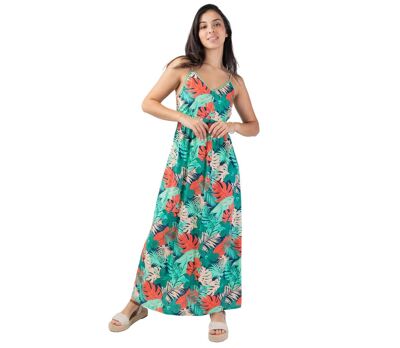 Robe longue fluide AMYNA fines bretelles imprimé tropical vert Coton Du Monde